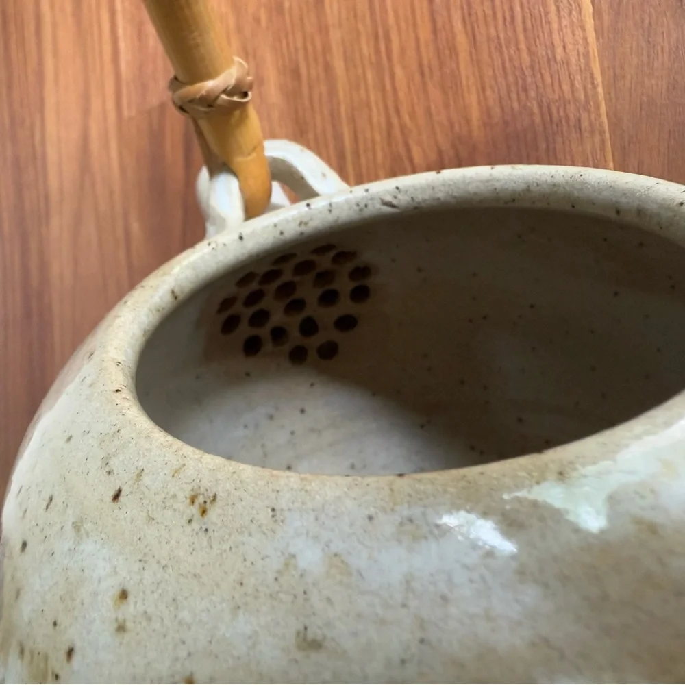 Vintage Japanese Hand Crafted Pottery Teapot w/Bamboo Handle, Signed